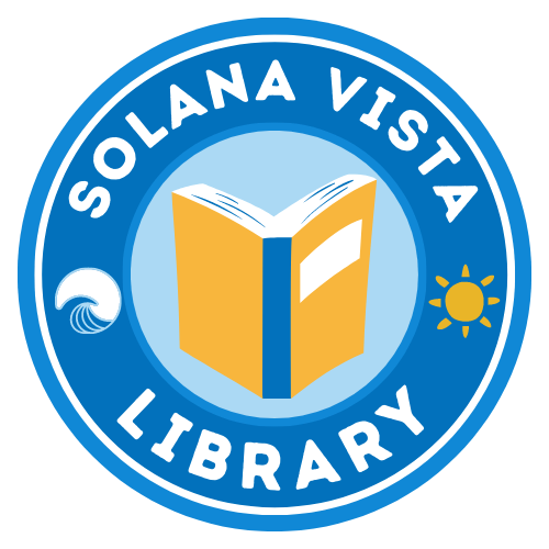 Blue and Yellow Library Logo says Solana Vista Library